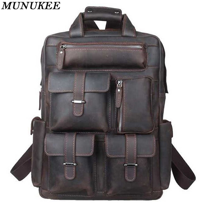 Brown Leather Backpack - Many Pockets