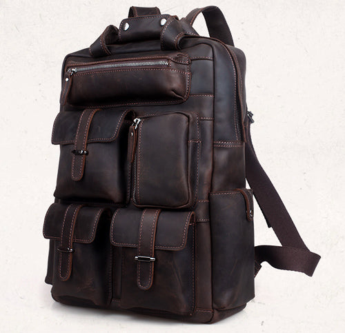 Brown Leather Backpack - Many Pockets